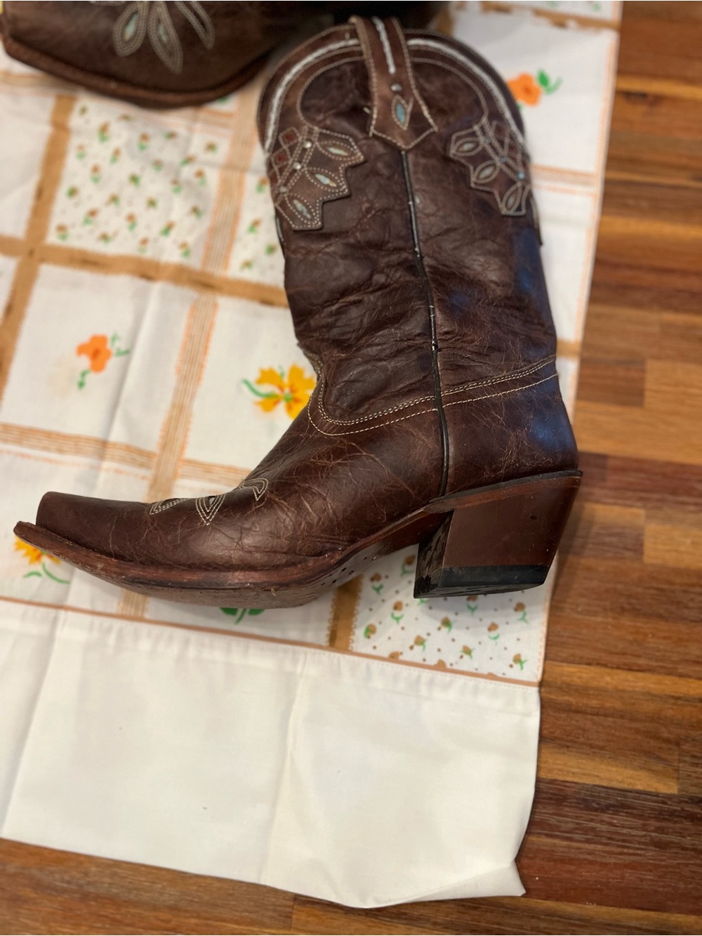 Tony Lama Dark Brown Leather Western Heeled Boot with Turquoise and Red Accents - Picture 6 of 6